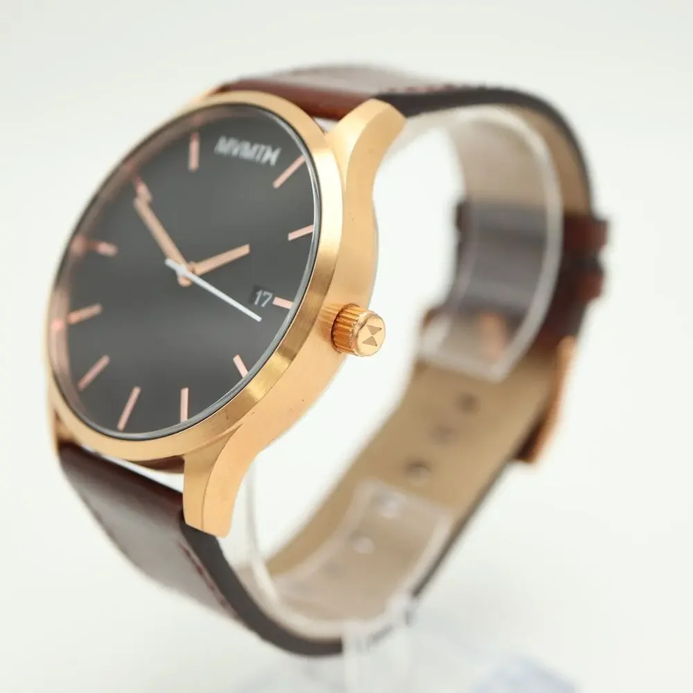 MVMT Mens Classic 45mm Black Date Watch Brown Leather Strap w New Battery